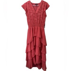 Vince Camuto Coral Ruffle Tiered Midi Dress NWT Smocked Waist V-Neck Flutter